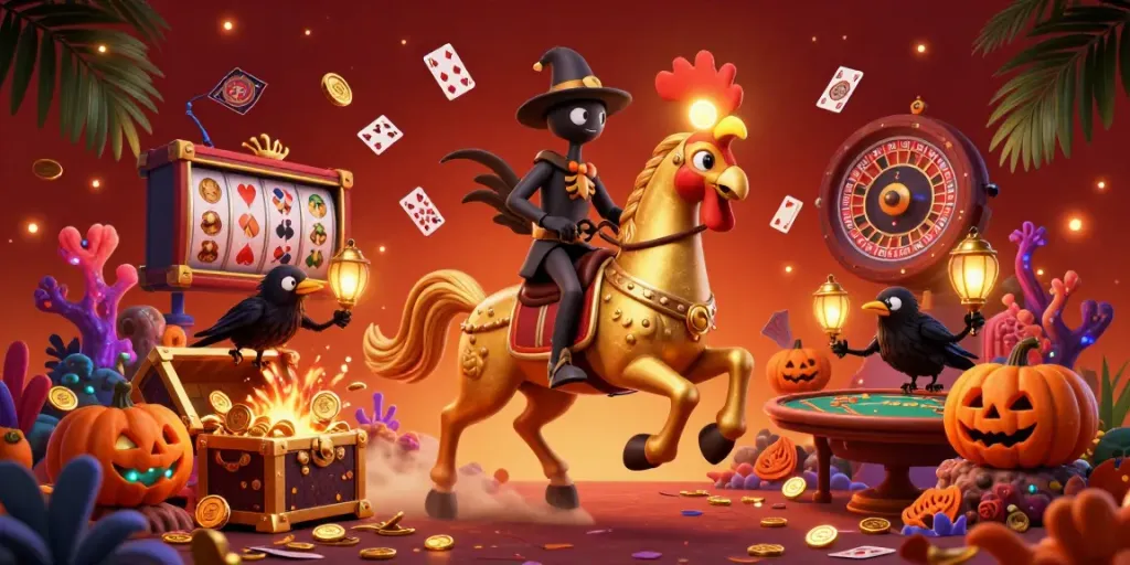 Experience thrilling gameplay at H13 with a golden rooster headless horseman in a bustling midnight casino.