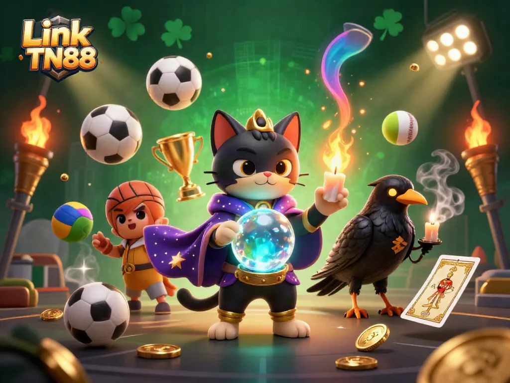 Experience the thrill of Link TN88 with a vibrant casino scene showcasing mystic characters and sports elements.